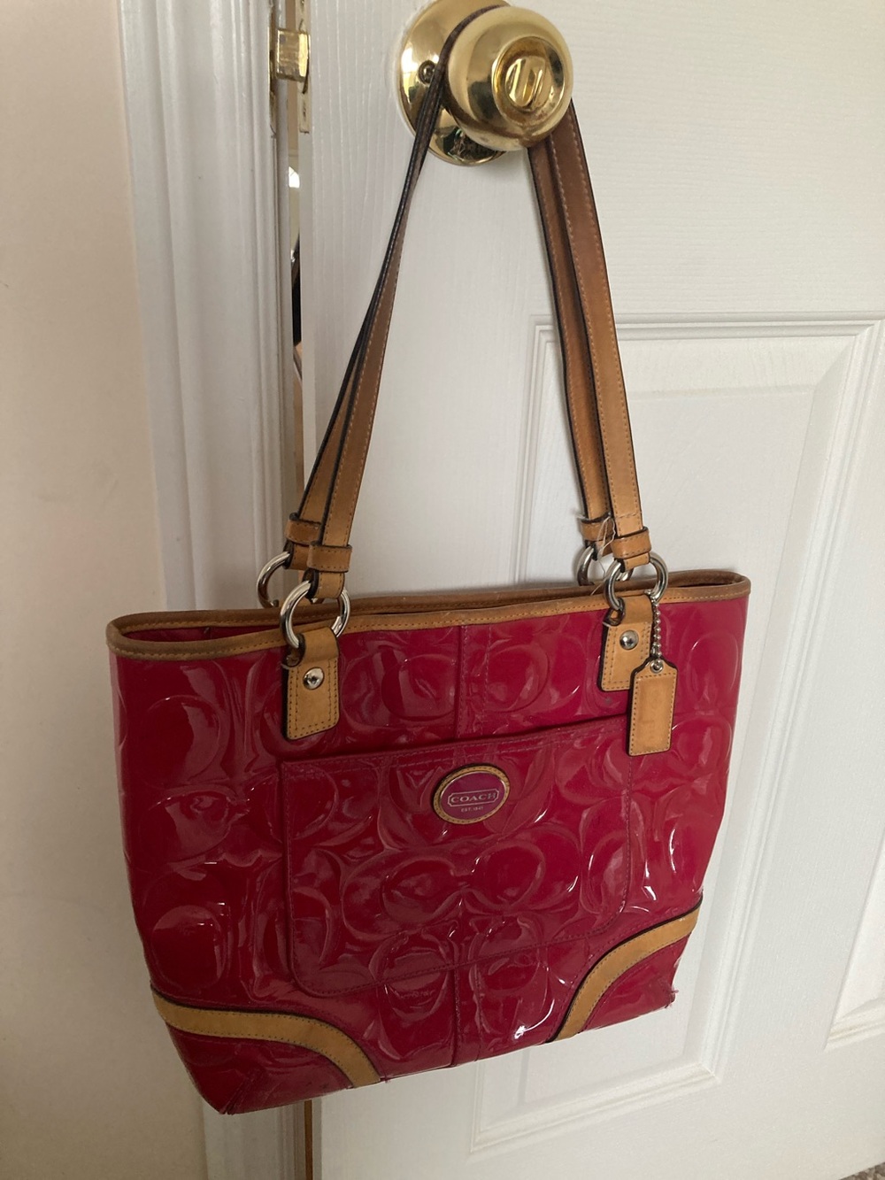 Coach Patent Tote in Red with Tan Trim